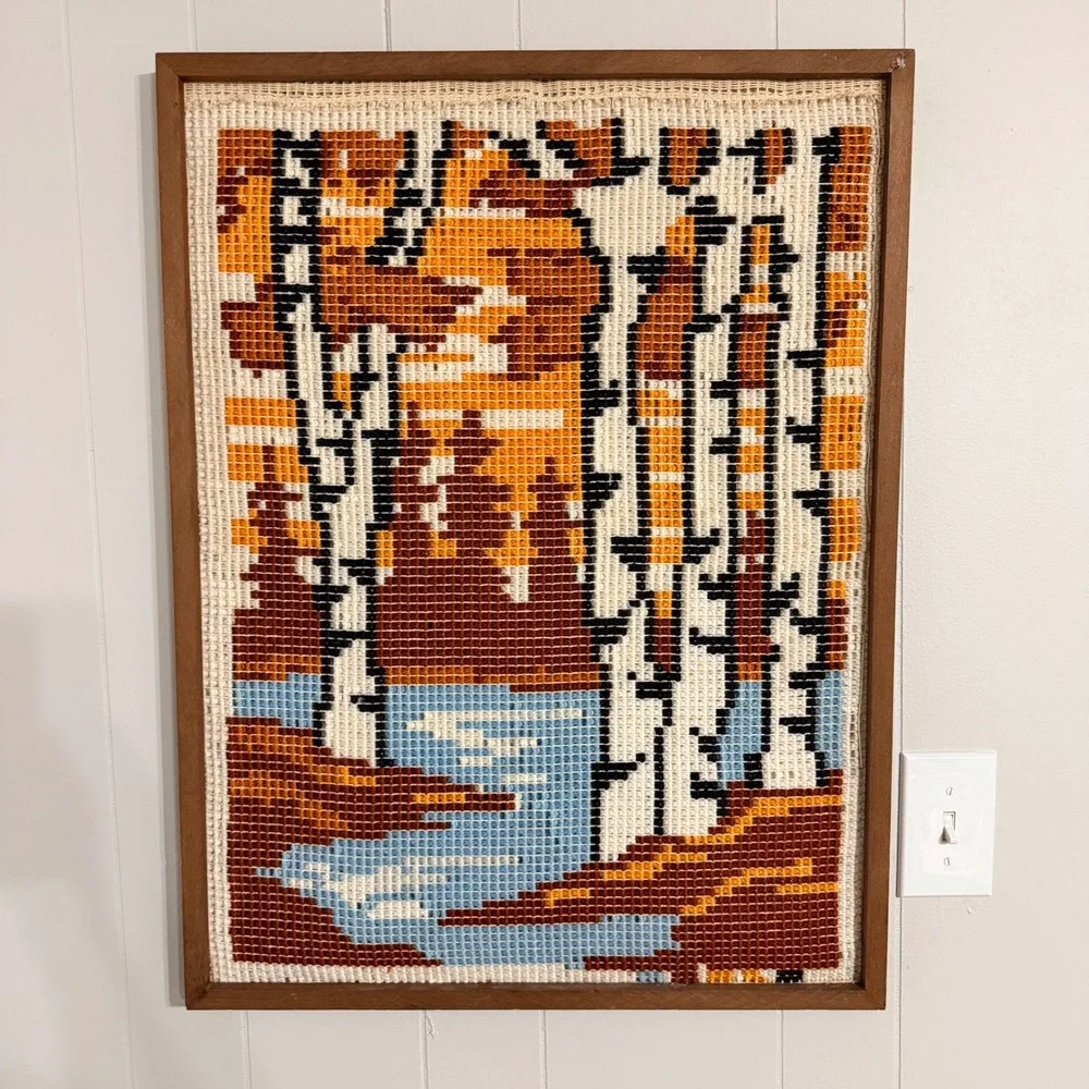 Vintage Latch Hook Rug Wall Hanging Birch Trees Autumn Forest Framed Art 22x30